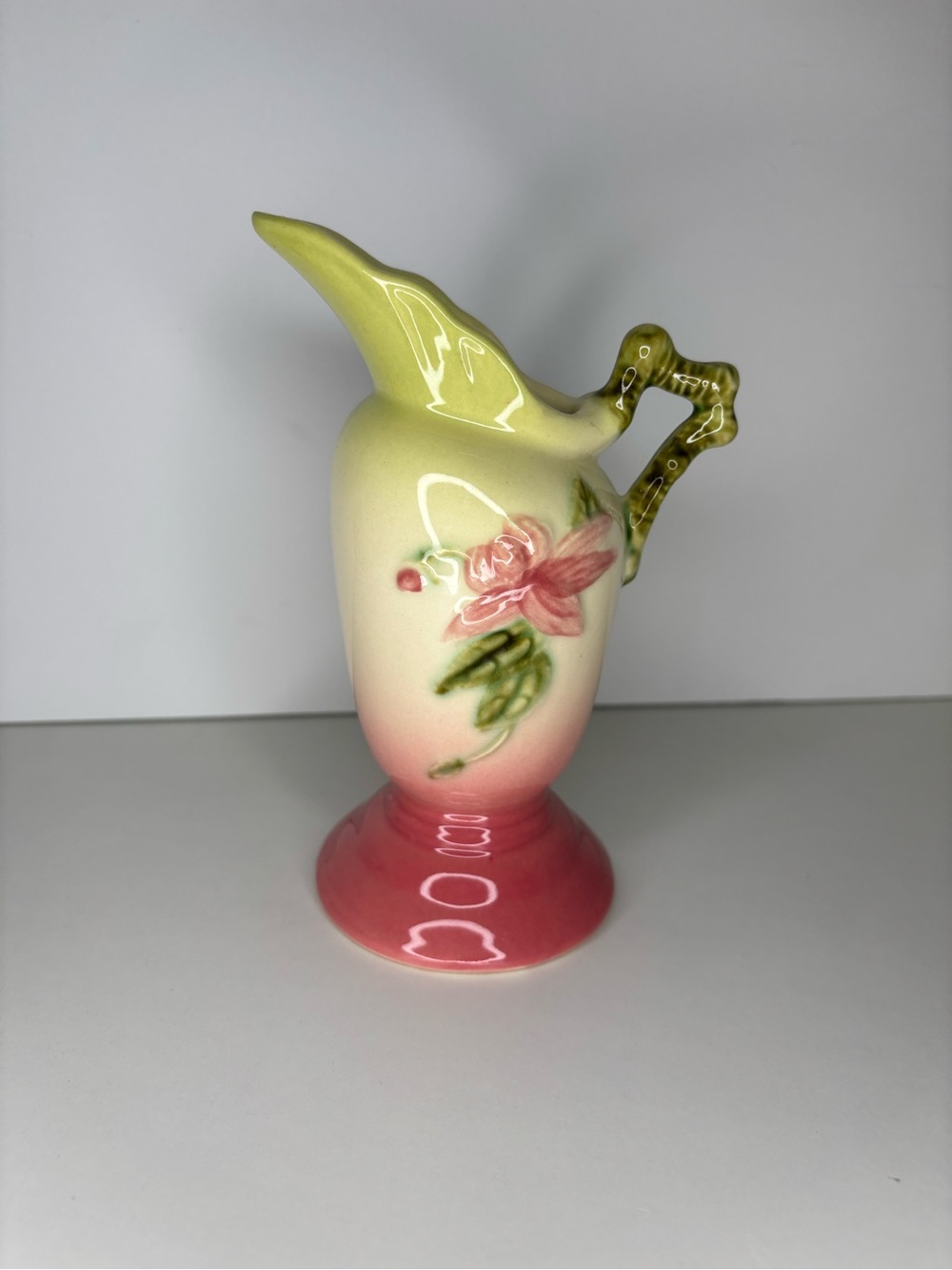 Vintage Hull Pottery W3 Vase Small Ewer Pitcher Woodland Chartreuse Pink Glossy